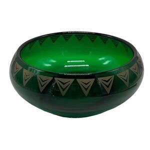 Dalzell Viking Bowl Vintage Green Glass Gold Triangles Hollywood Regency Heavy